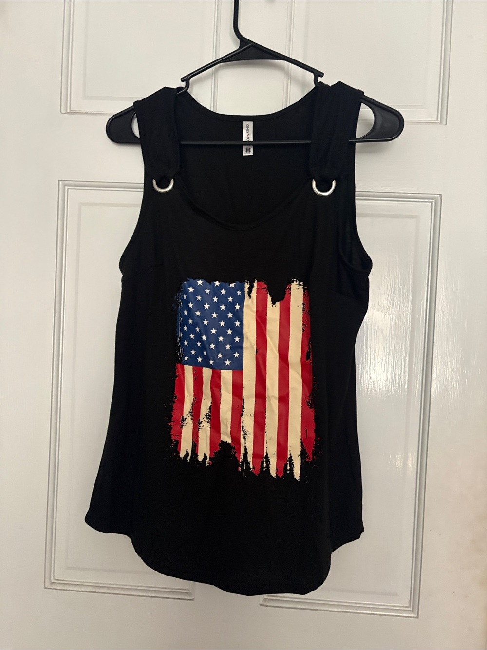 Tory Burch Black Tank Top with Distressed American Flag Graphic